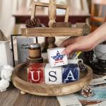 COCHIE 4th of July Decorations Wooden Stars, Patriotic Memorial Day Star Tiered Tray Decor Set of 4, Fourth of July Red White Blue Decoration for Home Office Table Shelf (USA Home Sign)