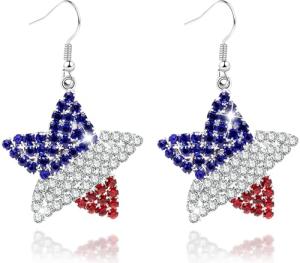 4th of July Independence Day Patriotic Earring for Women American Flag Dangle Earrings Patriotic Red White Blue USA Earring, Pave Crystal Studd (Star)