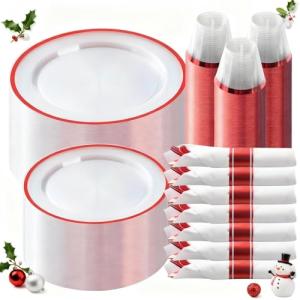 Goodluck 350 Piece Red Plastic Dinnerware Set for Party, Clear Disposable Plates for 50 Guests, Include: 50 Dinner Plastic Plates, 50 Dessert Plates, 50 Pre Rolled Napkins with Cutlery Set, 50 Cups