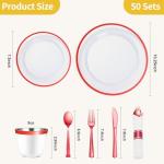 Goodluck 350 Piece Red Plastic Dinnerware Set for Party, Clear Disposable Plates for 50 Guests, Include: 50 Dinner Plastic Plates, 50 Dessert Plates, 50 Pre Rolled Napkins with Cutlery Set, 50 Cups