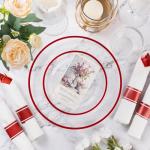 Goodluck 350 Piece Red Plastic Dinnerware Set for Party, Clear Disposable Plates for 50 Guests, Include: 50 Dinner Plastic Plates, 50 Dessert Plates, 50 Pre Rolled Napkins with Cutlery Set, 50 Cups