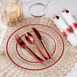Goodluck 350 Piece Red Plastic Dinnerware Set for Party, Clear Disposable Plates for 50 Guests, Include: 50 Dinner Plastic Plates, 50 Dessert Plates, 50 Pre Rolled Napkins with Cutlery Set, 50 Cups