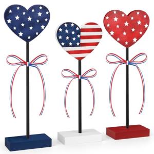 4th of July Tiered Tray Decor Wooden Love Set, 3 PCS Labor Day Table Decorations, Rustic Patriotic Veterans Day Tabletop Home Decor, Red White and Blue Decorations for Home (Retro)