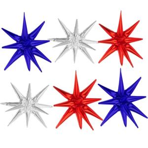 Star Balloons, 22 Inch Blue Red and Silver Star Balloons 6PCS Explosion Foil Balloon Starburst Balloon for Birthday Party Wedding New Year 4th of July Independence Day USA Patriotic Party Decor
