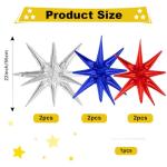 Star Balloons, 22 Inch Blue Red and Silver Star Balloons 6PCS Explosion Foil Balloon Starburst Balloon for Birthday Party Wedding New Year 4th of July Independence Day USA Patriotic Party Decor