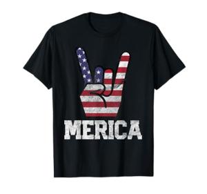 Merica Rock Sign 4th of July Vintage American Flag Retro USA T-Shirt Small