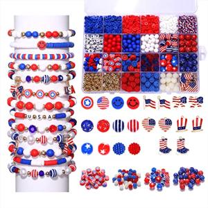 HSWE 1461Pcs 4th of July Patriotic Beads for Jewelry Making Independence Day Red White Blue Heishi Stars USA Letter Beads with America Flag Heart Hat Pendant Accessories for DIY Bracelets Making Kit