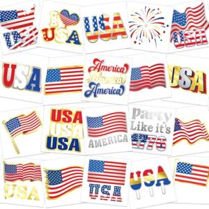 HOWAF Metallic 4th of July Temporary Tattoos for Kids, 60pcs Foil Gold Silver American Flag Tattoos Stickers USA Flags Face Tattoos for July 4th Party Parade Decor, Red White Blue Shiny Tattoo
