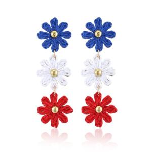 RUOFFETA Raffia Daisy Flower Earrings, Raffia Straw Wrapped Daisy Drop Dangle Earrings Summer Tropical Beach Jewelry(Red, White and Blue)