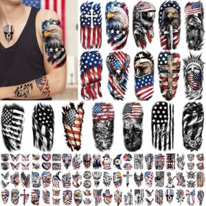 Independence Day Temporary Tattoos for Adults, 77 Sheets 4th of July Fake Tattoos Sleeve, Patriotic American Flag Waterproof Tattoo Stickers for Men Women Kids