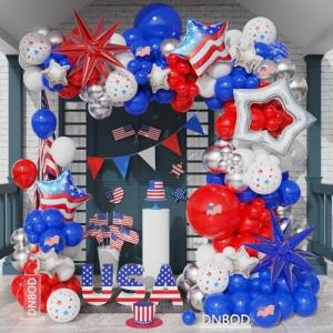 147Pcs Red White and Blue Independence Day Balloon Garland Arch Kit,with Explosion Star,Flag Foil Balloons for 4th of July Patriotic Memorial Veterans Baseball Nautical Birthday Party Decorations