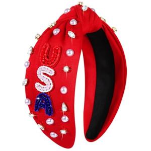 CEALXHENY Crystal Pearl Knotted Headbands - Patriotic Hair Accessory for Women, American Flag Outfits for Independence Day, Memorial Day Party Favors (USA-Red)