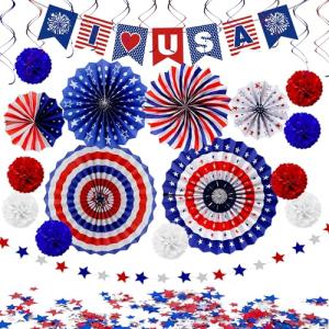 30PCS 4th of July Decorations - Patriotic Love USA Banner, Red White Blue Paper Fans, Star Streamers, Pom Poms, Hanging Swirls for Memorial Day & Presidents Day