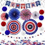 30PCS 4th of July Decorations - Patriotic Love USA Banner, Red White Blue Paper Fans, Star Streamers, Pom Poms, Hanging Swirls for Memorial Day & Presidents Day