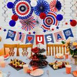 30PCS 4th of July Decorations - Patriotic Love USA Banner, Red White Blue Paper Fans, Star Streamers, Pom Poms, Hanging Swirls for Memorial Day & Presidents Day