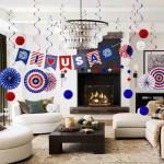 30PCS 4th of July Decorations - Patriotic Love USA Banner, Red White Blue Paper Fans, Star Streamers, Pom Poms, Hanging Swirls for Memorial Day & Presidents Day