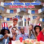 Fun Express 24 Ft Foil Patriotic Fringe for Fourth of July Party Decorations - Red, White, & Blue Metallic Foil Fringe for Quick Decor - Durable, Reusable, Instant Patriotic Transformation