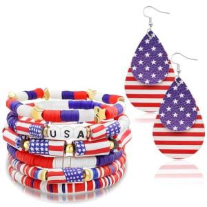 4th of July Stacking Bracelets with American Flag Earrings Set for Women Soft Ceramic Beaded Bracelet Faux Leather Patriotic Earring Red White and Blue Accessories for Women Men Gifts 7p