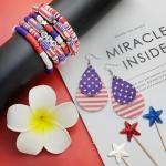 4th of July Stacking Bracelets with American Flag Earrings Set for Women Soft Ceramic Beaded Bracelet Faux Leather Patriotic Earring Red White and Blue Accessories for Women Men Gifts 7p