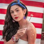 4th of July Stacking Bracelets with American Flag Earrings Set for Women Soft Ceramic Beaded Bracelet Faux Leather Patriotic Earring Red White and Blue Accessories for Women Men Gifts 7p