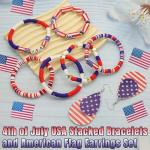 4th of July Stacking Bracelets with American Flag Earrings Set for Women Soft Ceramic Beaded Bracelet Faux Leather Patriotic Earring Red White and Blue Accessories for Women Men Gifts 7p