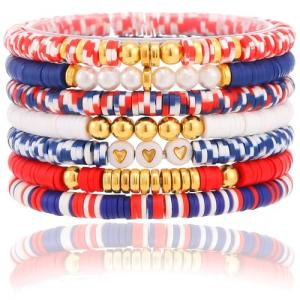 CCINPPY Friendship Bracelets Trendy Heishi Clay Bead Bracelets Stack Gold Beaded Stretch Bracelets for Women Boho Stackable Bracelets Bulk Cute Preppy Jewelry, Red White Blue