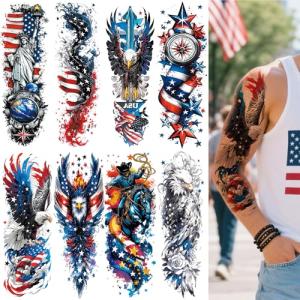 CUTELIILI 8 Sheets Independence Day Temporary Tattoo, 4th of July Patriotic Sleeve Tattoo, American Flag Fake Tattoos, Red White and Blue Party Supplies, Labor Day, Memorial Day, USA Flag