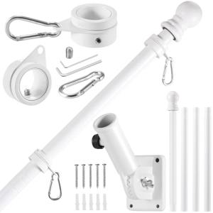 BONWIN White Flag Pole Kit for House, 5 FT Thickened Stainless Steel Porch Wall Mount Flagpole for 3x5' Flag, 1" Tangle Free Rotating Flag Pole Rings & 180° Adjustable Multi-Positions Bracket Holder