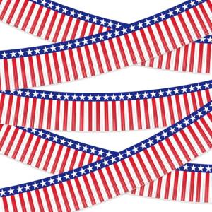 2 Pack 1.2 x 20 ft Patriotic Red White Blue Metallic Foil Fringe Garland, American Flag USA Streamers, Stars & Stripes Tinsel Banner for 4th of July, Memorial Day, Independence Day Decorations