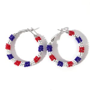 SHINUS BOHO Handmade American Flag USA Red White and Blue Colorful Beaded Large Hoop Earrings for Women, Bohemian Glass Beads Circle Hoops Cartilage Hypoallergenic Holiday Prom Jewelry Gift