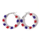 SHINUS BOHO Handmade American Flag USA Red White and Blue Colorful Beaded Large Hoop Earrings for Women, Bohemian Glass Beads Circle Hoops Cartilage Hypoallergenic Holiday Prom Jewelry Gift