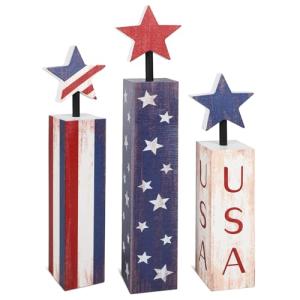 COCHIE 4th of July Decorations Set, Red White Blue Decor, Wooden Patriotic Memorial Day Tiered Tray Decor, Labor Day Decorations, Fourth of July Decoration for Home Office Table (Flag Retro)