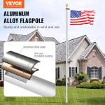 VEVOR 20FT Sectional Flag Pole Kit, Heavy Duty Aluminum Alloy in Ground Flag Poles for Outside, 3 Display Modes Flagpole with 3x5 American Flag, Professional Accessories, Silver