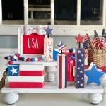 COCHIE 4th of July Decorations Set, Red White Blue Decor, Wooden Patriotic Memorial Day Tiered Tray Decor, Labor Day Decorations, Fourth of July Decoration for Home Office Table (Flag Retro)