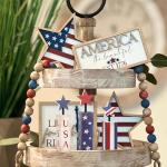 COCHIE 4th of July Decorations Set, Red White Blue Decor, Wooden Patriotic Memorial Day Tiered Tray Decor, Labor Day Decorations, Fourth of July Decoration for Home Office Table (Flag Retro)