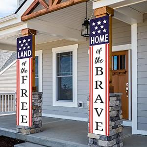 4th of July Decorations Outdoor Banners Home of the Brave Front Door Porch Yard Sign Indoor Wall Decorative Hanging Banner Patriotic Party Supplies Decor for Memorial Day Independence Day
