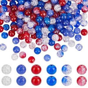 PH PandaHall 240pcs 4th of July Glass Beads, 6 Color Patriotic Beads 8mm Red White Blue Glass Bead Round Crackle Loose Bead for Beaded Baseball Necklace Bracelet DIY Jewelry Crafts Independence Day