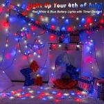 cshare Red White and Blue String Lights Battry Operated with Timer Waterproof, 4th of July String Lights16.4ft 50LED Indoor Outdoor Memorial Day Patriotic Decorations Garland Party Patio Garden Yard