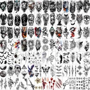 Hotoyannia 102 Sheets Halloween Tiny Temporary Tattoos Stickers, Fake Tattoos That Look Real And Last Long, Halloween Include Black Scary Wolf Lion Tiger Skeleton Skull Tattoos