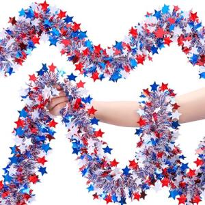 52.5Ft Patriotic Glitter Tinsel Garland Decoration, Red White Blue Star Metallic Tinsel Twist Garland, 4th of July Decor Parade Golf Cart Shiny Tinsels for Car Bike Independence Day Memorial Day Decor