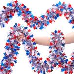52.5Ft Patriotic Glitter Tinsel Garland Decoration, Red White Blue Star Metallic Tinsel Twist Garland, 4th of July Decor Parade Golf Cart Shiny Tinsels for Car Bike Independence Day Memorial Day Decor