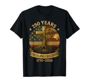 Flag Cross Tree 250 Years Faith and Freedom 1776-2026 T-Shirt
