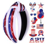vokone 4th of July Headband Beaded Red White Blue Sequin Headband Patriotic American Flag Knotted with Tattoos for Women Girls Independence Day Accessories