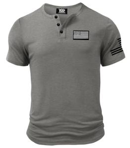 VOGSTART Men's 2025 Retro Henley T-Shirts Fourth July Cotton Henley Tee Tactical 1776 Independence Day Workout Freedom Memorial USA Flag Graphic Stars Stripes Gym Military Shirts Grey XL