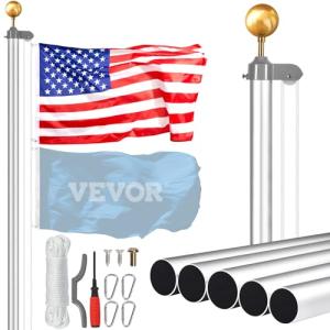 VEVOR 25ft Sectional Flagpole Kit, Heavy Duty Aluminum Alloy Flag Poles for Outside House in Ground, 3 Display Modes with 3x5 American Flag, Professional Accessories, Silver