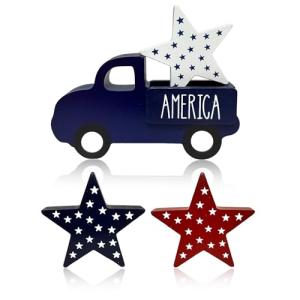 4th of July Decorations Tabletop Sign - Wooden America Truck & Star Centerpieces for Table - Independence Day Patriotic Tiered Tray Decor for Home