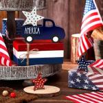 4th of July Decorations Tabletop Sign - Wooden America Truck & Star Centerpieces for Table - Independence Day Patriotic Tiered Tray Decor for Home