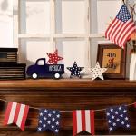 4th of July Decorations Tabletop Sign - Wooden America Truck & Star Centerpieces for Table - Independence Day Patriotic Tiered Tray Decor for Home