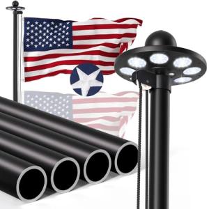 Panopole Heavy Duty Flag Pole Kit with 136 LED Ultra Bright Solar Light, 20FT 12 Gauge Thick Flagpole for Outside House in Ground, 300D Thickened USA Flag for Outdoor, 100 MPH Flagpole Kit, Black