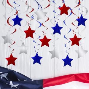 Red Blue Silver Star Hanging Swirl Decorations Stars Streamers Foil Swirls for Ceiling Decorations Graduation Party Supplies 4th of July Patriotic Decorations, Pack of 42